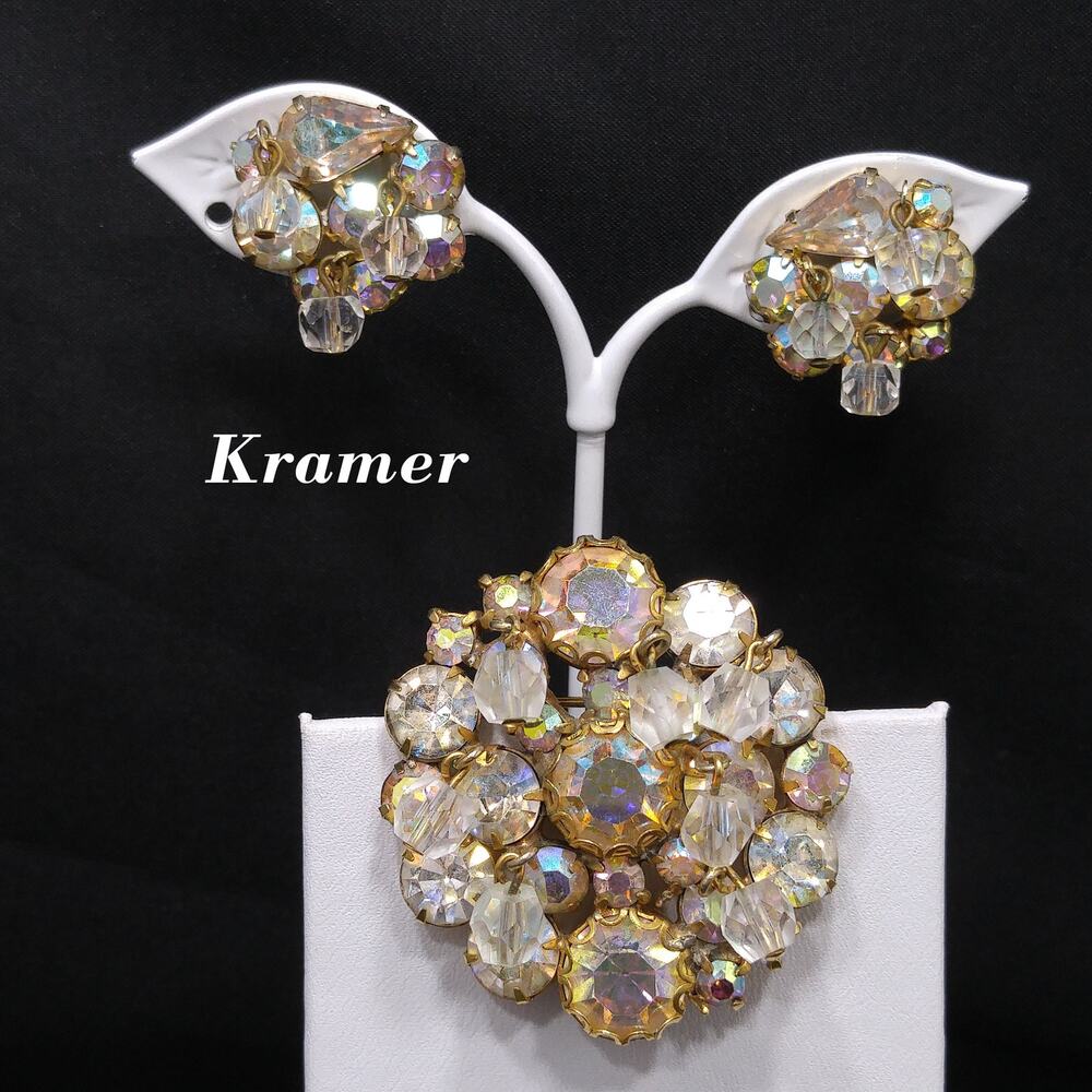 Kramer AB Rhinestone Brooch & Earrings, Dangling Crystal Beads Gold Plated 1960s